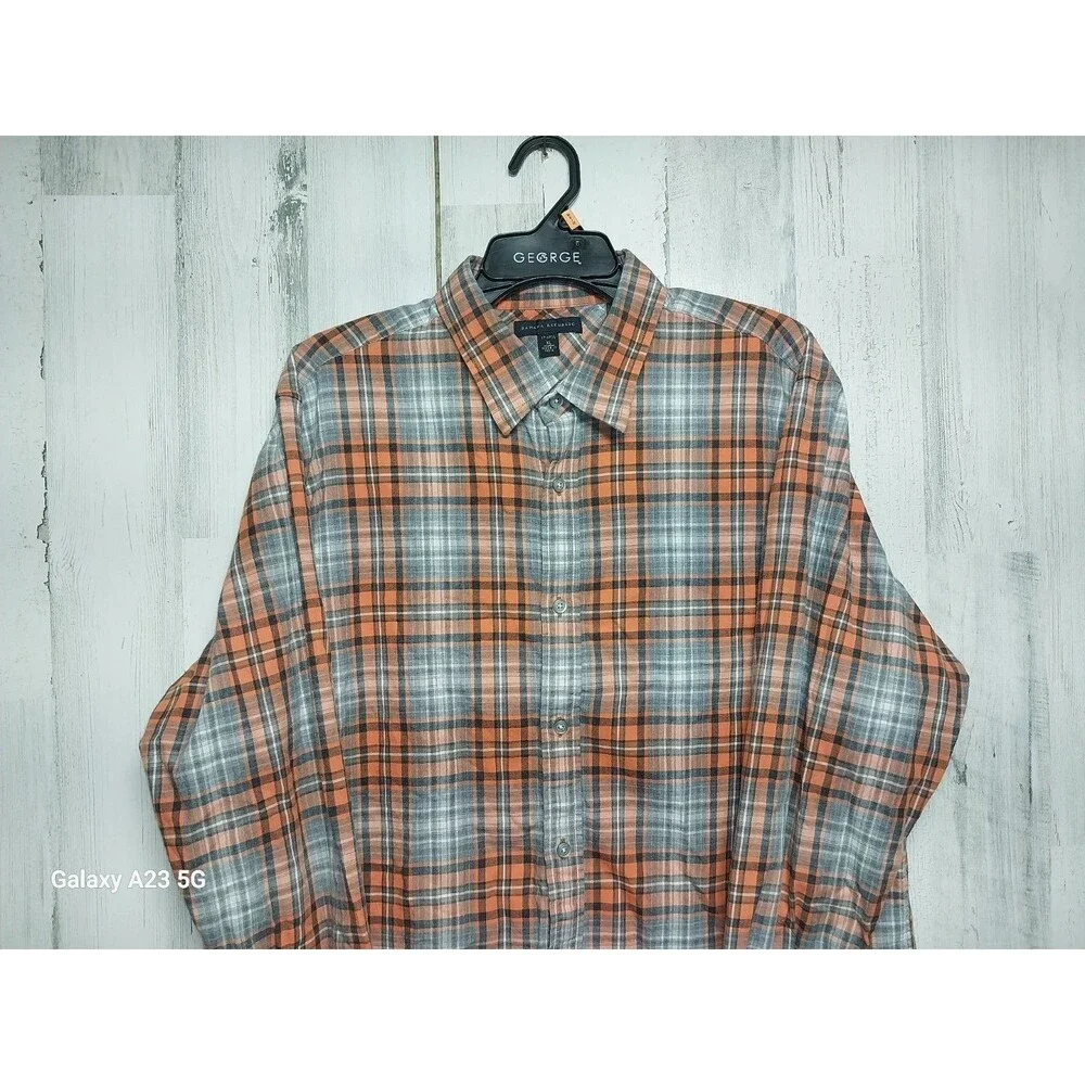 Banana Republic Shirt Mens XL Orange Gray Plaid Long Sleeve Button Up